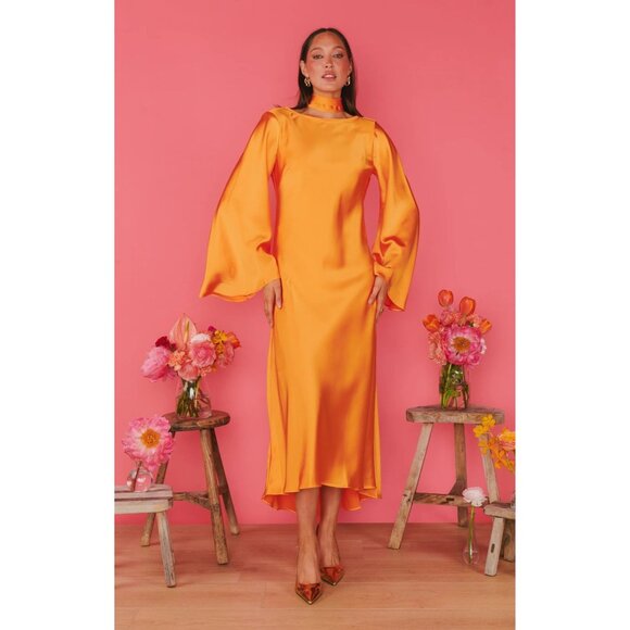 Show Me Your Mumu Sarah Tangerine Fluid Satin Midi Dress Women's X-Small XS - Picture 1 of 8